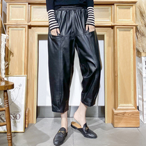 Leather Haren Pants Womens Sheep Leather Casual Joker Seabies Double Big Pocket Loose Black Lantern Wide Leg Pants