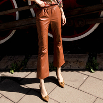 2021 autumn and winter leather leather pants womens elastic waist nine-point pants casual fashion micro-lapped pants Korean version of sheepskin pants tide