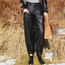 2021 autumn and winter new leather leather pants womens mid-rise nine-point pants temperament bloomers personality sheepskin pants trend