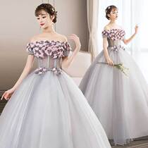 2020 new colored gauze evening dress puffy dress gown Bel sound stage solo art test gown shoulder long costume