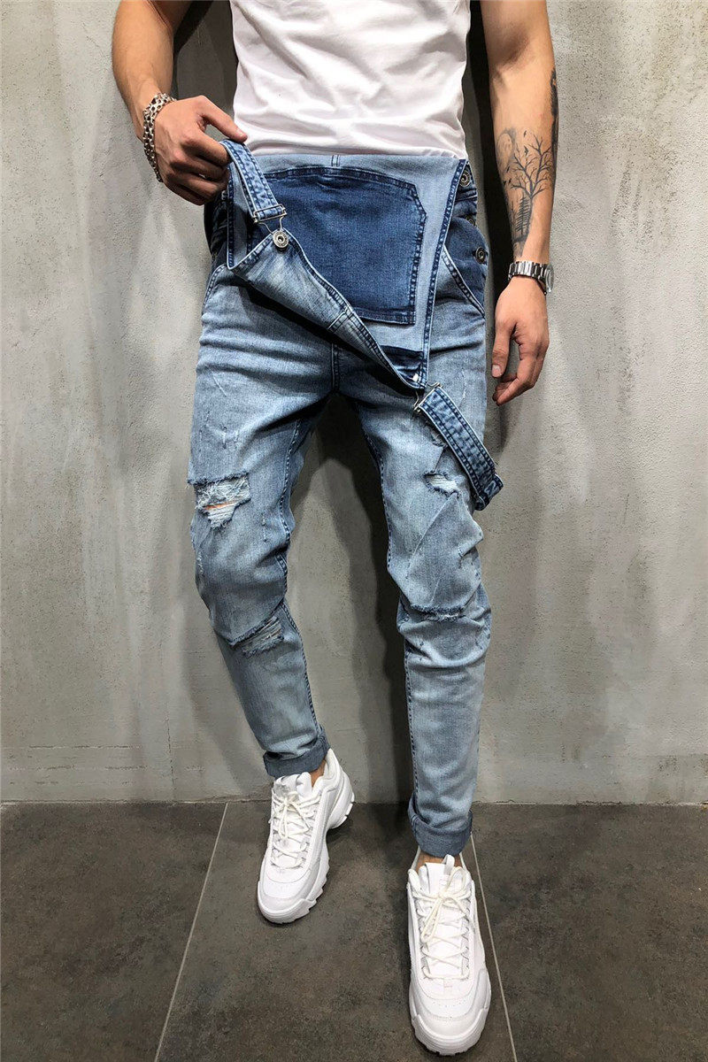Pantalones de mezclilla con pechera para hombre, peto elástico con  agujeros, pantalones ajustados con pechera, estilista con personalidad,  moda, tendencia urbana|Pantalones vaqueros| - AliExpress