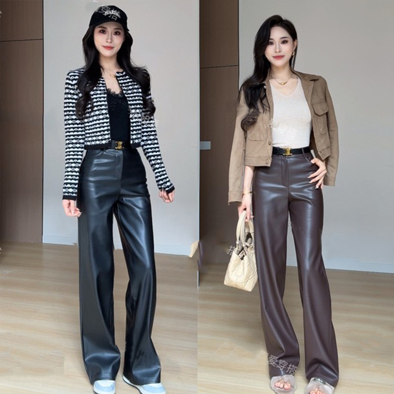 Black Leather Pants for Women, 2026 Autumn and Winter New Style, High-Waisted, Narrow Wide-Leg, Loose, Slimming, Versatile, Casual Long Pants Black Leather Pants for Women, 2026 Autumn and Winter New Style, High-Waisted, Narrow Wide-Leg, Loose, Slimming, Versatile, Casual Long Pants