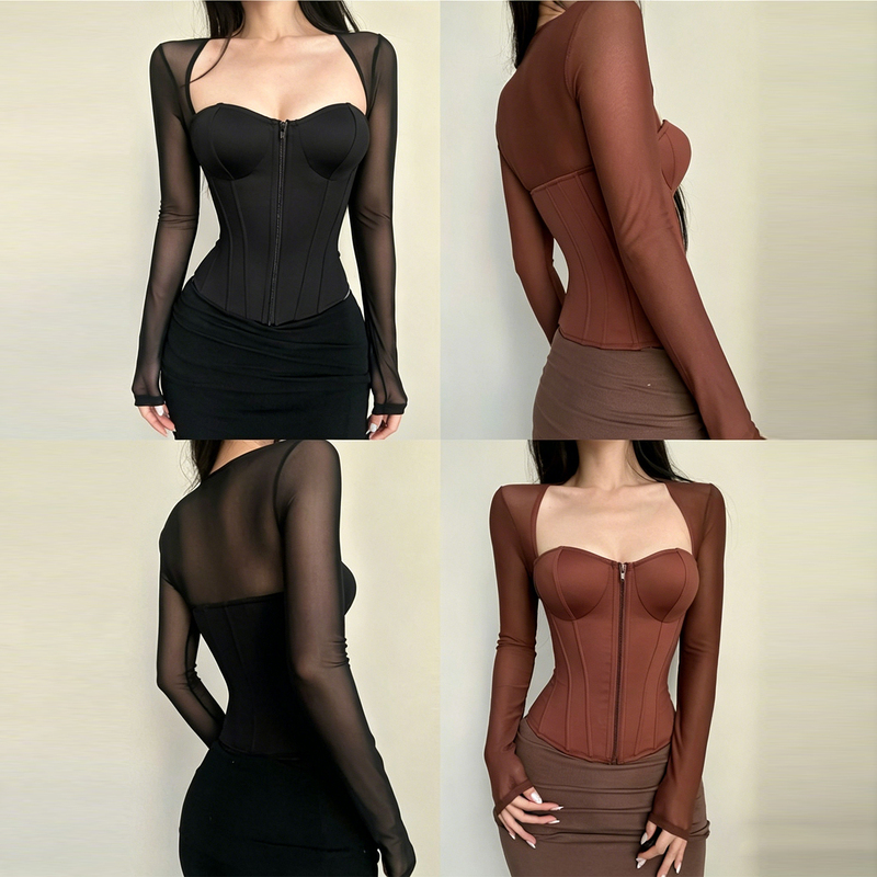 Mesh See-Through American-Style Fishbone Bra for Women, Hot Girl Waist-Slimming, High-End Feel, Built-In Bra Cups, Sexy Long-Sleeved Top Mesh See-Through American-Style Fishbone Bra for Women, Hot Girl Waist-Slimming, High-End Feel, Built-In Bra Cups, Sexy Long-Sleeved Top