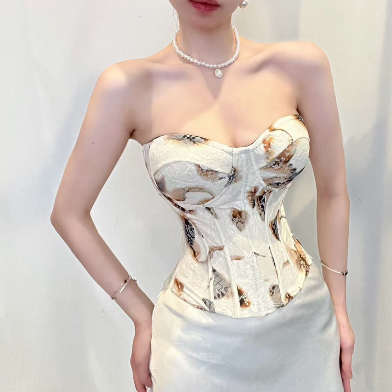 Women's 2026 New Style Fishbone Bra with Chest Pads, French Jacquard Lace, Sexy Waist-Cinching, Slimming Tube Top Camisole