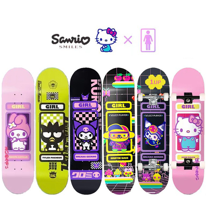 Imported Girl Sanrio Co-Branded Double Kick Skateboard Melody Kuromi Children's and Adult Beginner Professional Skateboard