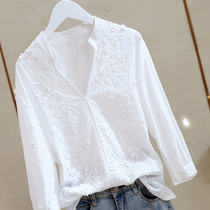 Cotton linen white lace jacquard shirt women 2021 New leak collarbone V collar loose top hollow sleeve t-shirt women