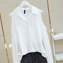 Feminine top off-shoulder chiffon perspective sunscreen slim sexy simple fashion temperament casual blouse tide