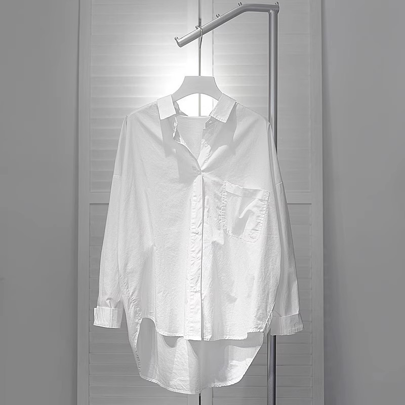 Casual and Versatile Oversized White Shirt for Women, 2025 Spring New Style, Short in Front and Long in Back, Korean Style, Single Pocket, Long-Sleeved Top