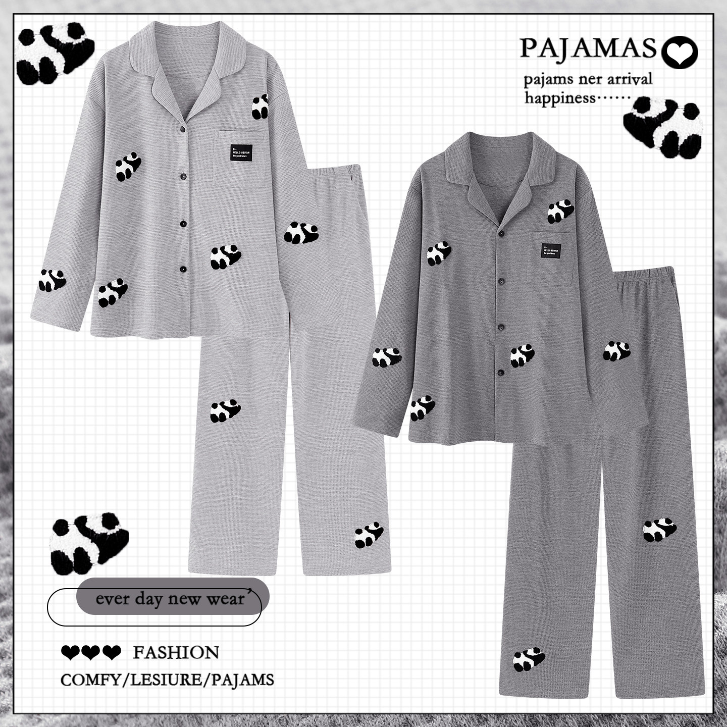 Waffle pure cotton pajamas for couples, one man and one woman, spring and autumn long-sleeved cartoon panda home clothes set, winter