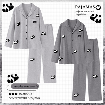 Waffle pure cotton pajamas for couples, one man and one woman, spring and autumn long-sleeved cartoon panda home clothes set, winter