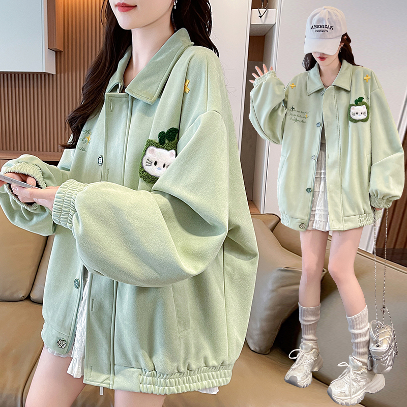 American Retro Suede Embroidered Jacket for Women 2026 Spring & Fall New Style Loose Polo Jacket for Junior High School and High School Students