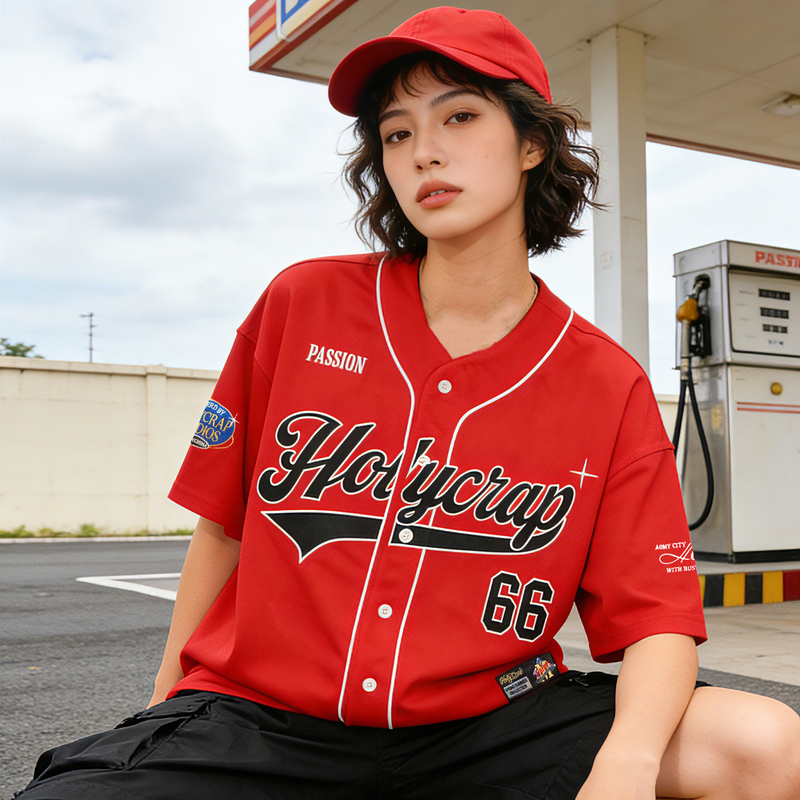 Busykid Original American-Style Embroidered Baseball Cardigan, Bright Red Jersey, Hip-Hop T-Shirt, Hip-Hop Street Dance Short-Sleeve Busykid Original American-Style Embroidered Baseball Cardigan, Bright Red Jersey, Hip-Hop T-Shirt, Hip-Hop Street Dance Short-Sleeve