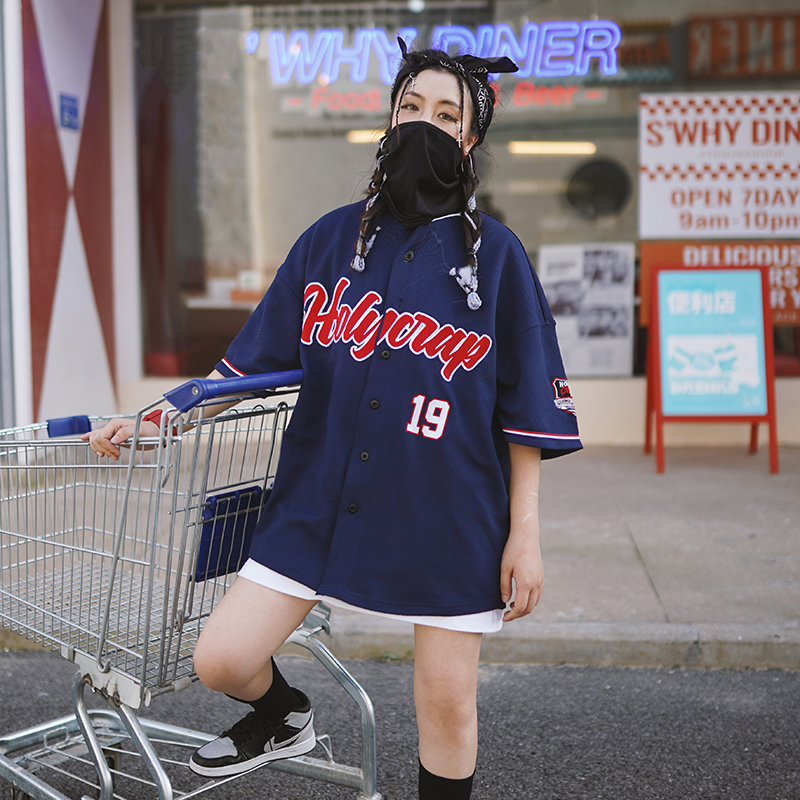 Busykid Hip-Hop American-Style Short-Sleeved Baseball Cardigan Jersey West Coast Bf Half-Sleeved Men's and Women's Hip-Hop Street Dance T-Shirt Busykid Hip-Hop American-Style Short-Sleeved Baseball Cardigan Jersey West Coast Bf Half-Sleeved Men's and Women's Hip-Hop Street Dance T-Shirt