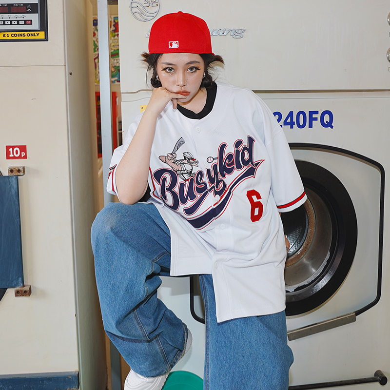 Busykid American Baseball Short-Sleeved Original Trendy Brand West Coast Hip-Hop Jersey T-Shirt Hiphop Street Dance Cardigan Busykid American Baseball Short-Sleeved Original Trendy Brand West Coast Hip-Hop Jersey T-Shirt Hiphop Street Dance Cardigan