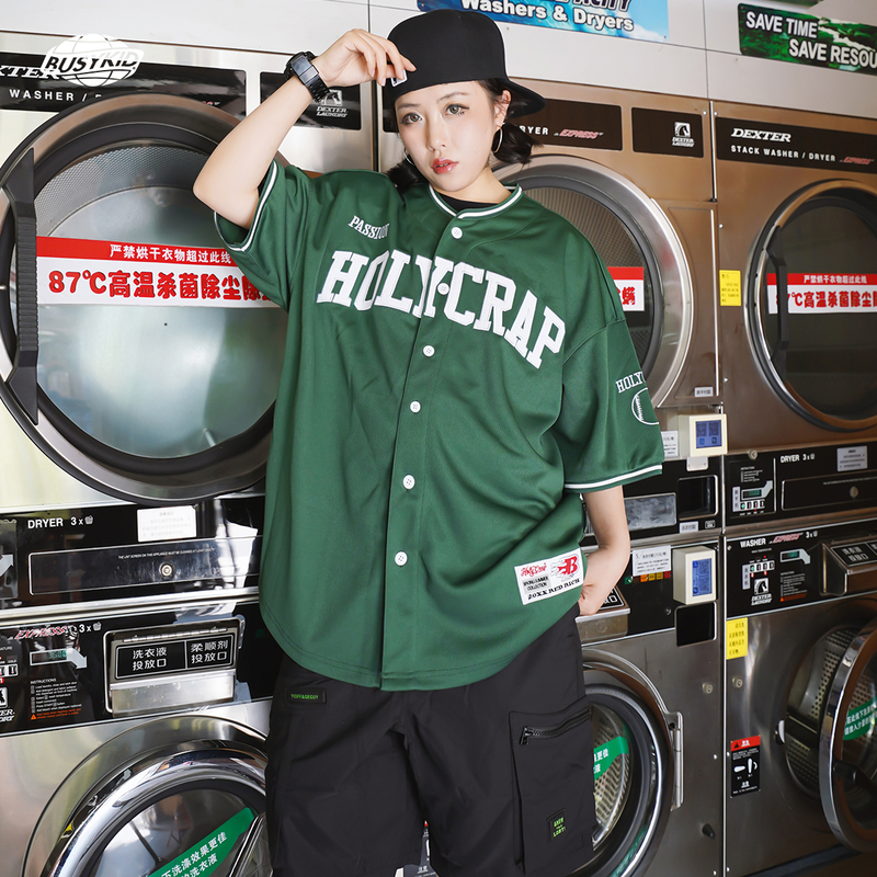 Busykid Hip-Hop American Jersey Cardigan West Coast Embroidered Green Baseball Short-Sleeved Trendy Hiphop Street Dance T-Shirt Busykid Hip-Hop American Jersey Cardigan West Coast Embroidered Green Baseball Short-Sleeved Trendy Hiphop Street Dance T-Shirt