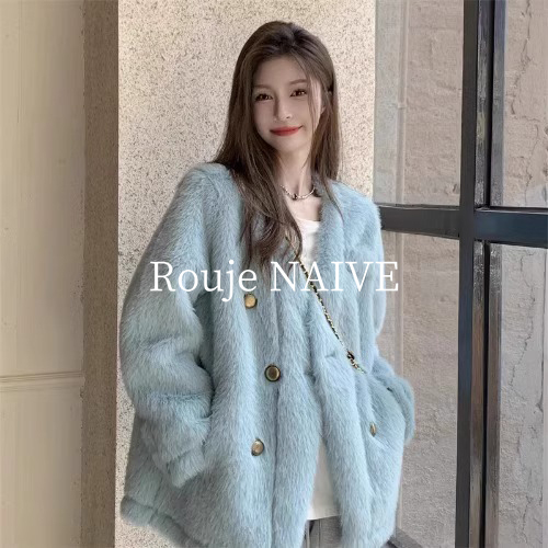 Rouje Naive French-Style Fur Integrated Lake Blue Fur Coat for Women, Winter Mid-Length Mink Velvet Coat, Trendy