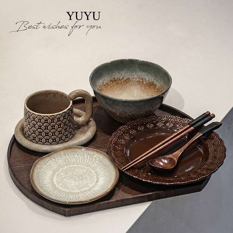 Exquisite Vintage Rustic Pottery One-Person Dining Set, Antique Wabi-Sabi Style Ceramic Bowls and Plates, Low-Calorie Light Food Tableware