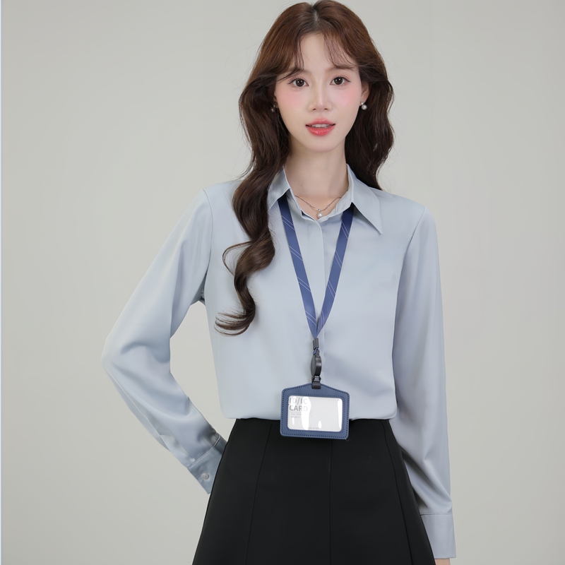 Mist Blue Commuter-Friendly Light Business Attire Formal Wear Light Luxury High-End Glossy Elegant Inner Wear Satin Long-Sleeved Shirt for Women