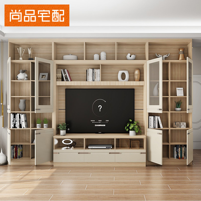 尚品宅配电视柜定制:打造完美客厅,满墙书架+一体柜,你的家居梦想实现者!-定制电视柜-淘宝百科网