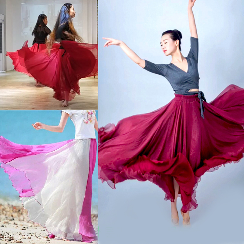 Customize 720-degree half-body dress for a golden silk crepe yarn large size swing dress flutter and a long skirt with high waist