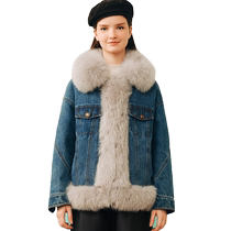 Ke Yandong fox fur collar white duck down college style retro denim down jacket