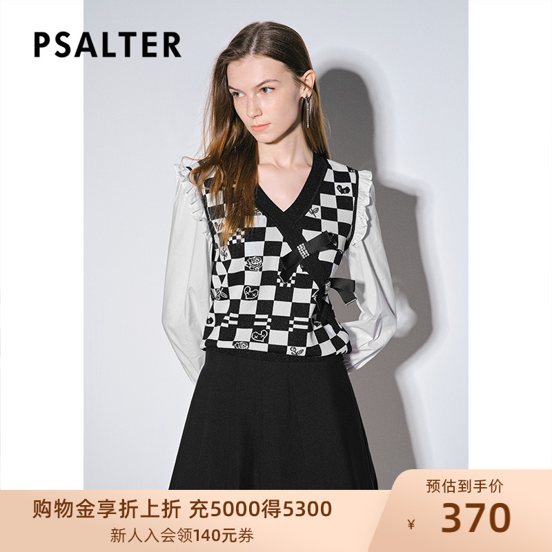 Poetry Keyan women's clothing 2022 spring and autumn new fashion checkerboard V-neck shirt fake two-piece wool sweater