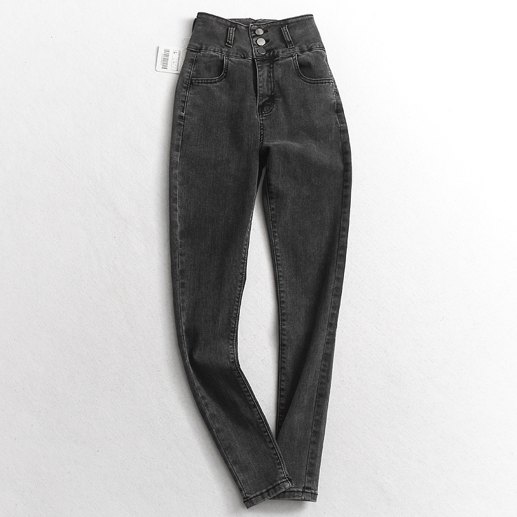 A512 Women Dress Winter New Pure color Three-grain buckle High waist and body suede Thickened Smoke tube Jeans Lady Jeans