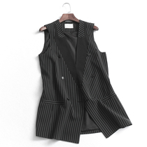 D030 vertical striped harbor style slim double-breasted pocket sleeveless top summer womens coat suit suit