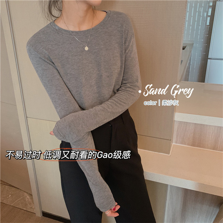 Q746 new autumn basic round neck long-sleeved elastic knitted sweater loose inner solid color T-shirt women's bottoming top