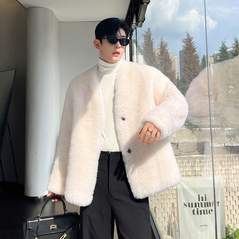 All-Wool Sheep Shearling White Lamb Wool Non-Fur Integrated Genuine Leather Fur Jacket Cardigan for Men Autumn and Winter Trendy
