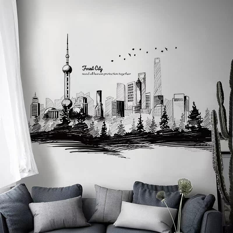Creative hand-painted city silhouette wall stickers living room decoration wallpaper self-adhesive personality dormitory dormitory bed poster newspaper