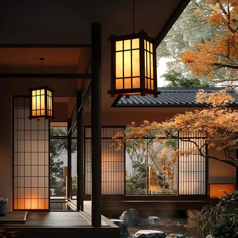 Zen Outdoor Waterproof Chandelier Wood Art Japanese Courtyard Eaves Corridor Outdoor Terrace B&B Scenic Spot Decorative Lighting Fixtures
