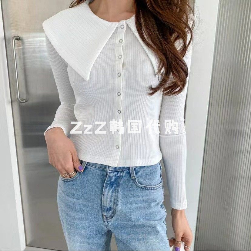 Two ZZ Korea Dongdaemun Early Spring Festival Doll Collar Blouses Single Row of Buttoned Knit Cardiovert 2134