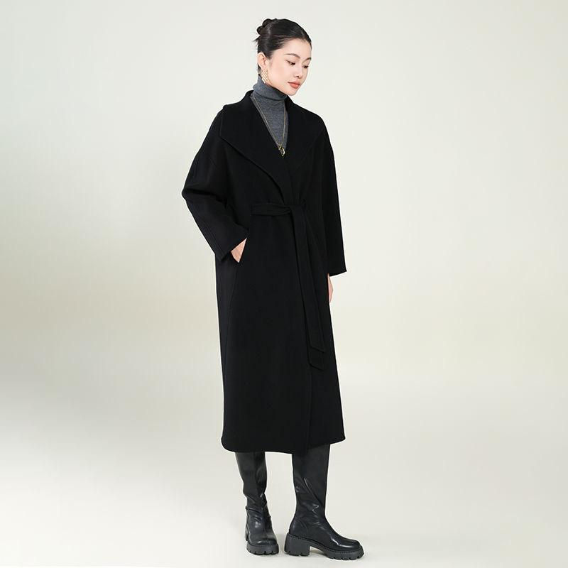 Black Hepburn-Style Double-Sided Cashmere Coat for Women, Long with Belt, 2025 Autumn and Winter, Designer Loose Woolen Overcoat