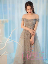 Evening dress female 2021 small red book with light luxury nail beads shoulder fashion annual host long rental