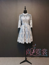 Handmade beaded traditional craft halter crew neck mesh high-grade wedding dress evening dress blue short skirt custom rental