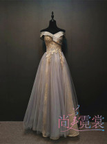 Rental custom evening dress female 2020 New temperament annual meeting fresh and elegant shoulder dinner host dress