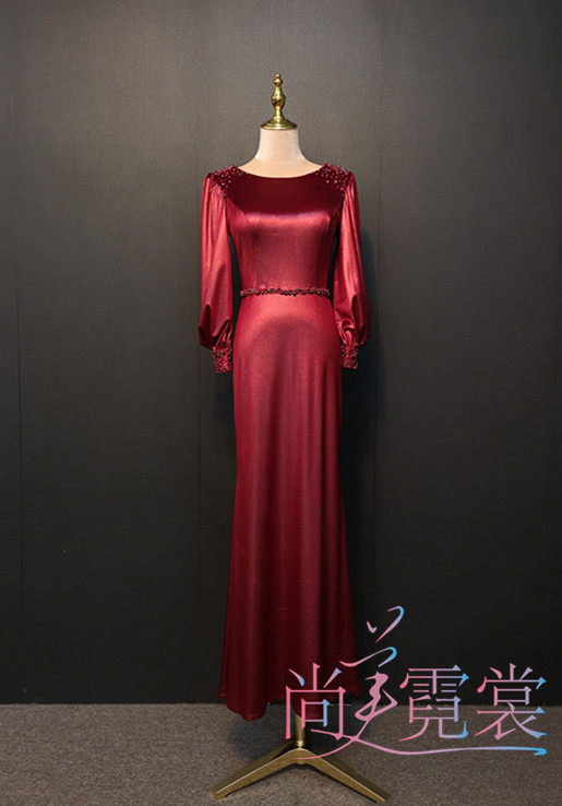 Rental Rental Upscale Long Version Wine Red Gold Velvet Handnail Beads Dinner Dresses Host Gown