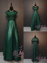 Beijing clothing rental female dark green satin shoulder evening dress annual party host dress rental