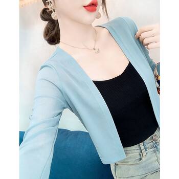 Summer ບາງໆ ice silk cardigan ຂອງແມ່ຍິງສັ້ນປ້ອງກັນແດດ shawl ມີສາຍ skirts ຂະຫນາດນ້ອຍ waistcoat ເຄື່ອງປັບອາກາດເສື້ອ