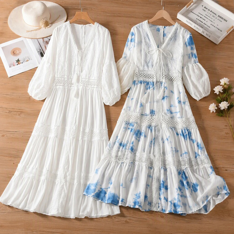 Tie-Dye Dress with Yunnan Ethnic Style, Blue Long-Sleeve Dress, Plain White Dress for Adults, Petite Clothing, Plain White Long Dress