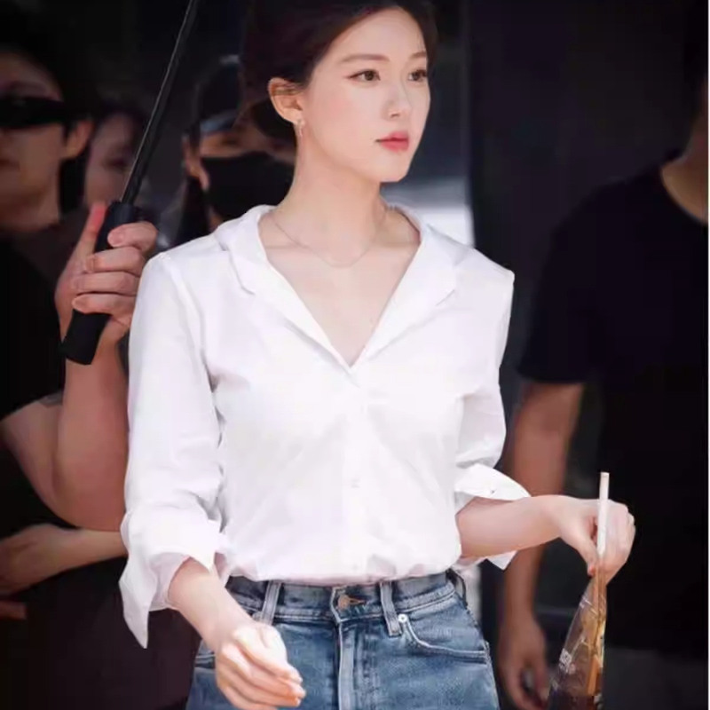 Sweets Online Store Ruth's Same Style White Shirt for Women, V-Neck Design, Niche Style, Versatile Top