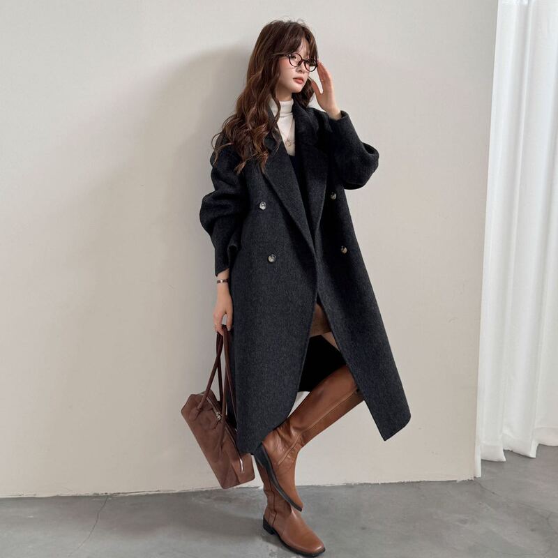 Black and Gray Double-Sided Cashmere Coat for Women 2025 Autumn and Winter New Style Mid-Length Woolen Korean Style High-End Coat