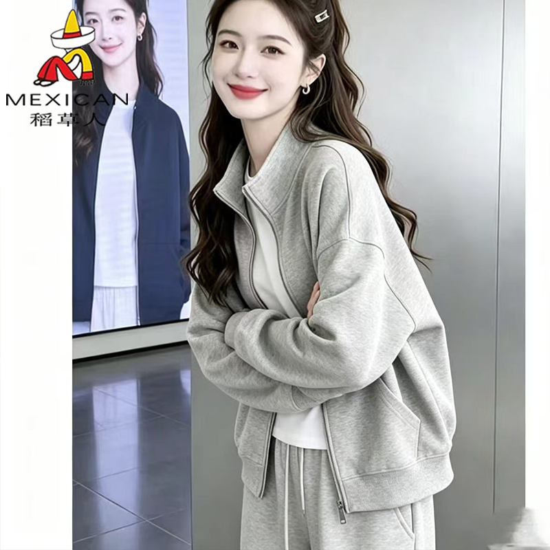 Scarecrow 2026 American-Style Lazy Style Stand-Up Collar Zipper Cardigan Sweatshirt Jacket for Women, Loose and Versatile Short Jacket for Spring and Autumn