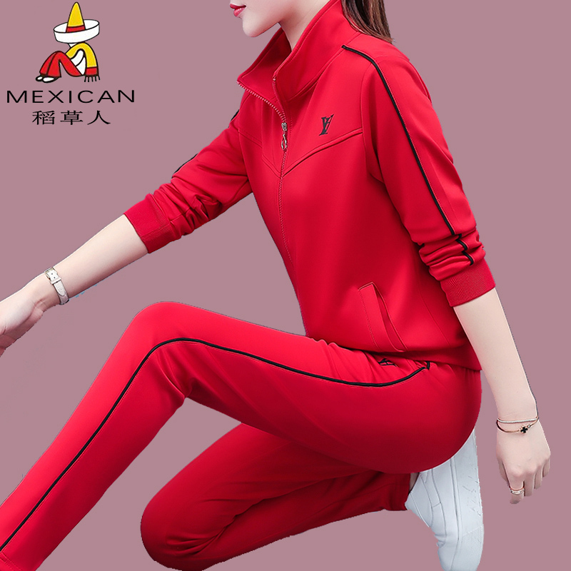 Scarecrow Red Tracksuit Set for Women, Spring and Autumn Style, Fashionable Loose Cardigan, Casual Running Outfit, Two-Piece Trendy Set