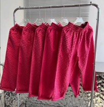 Dragon fruit color all-match plaid pants thin linen casual wide-leg pants red loose nine-point harem pants womens summer