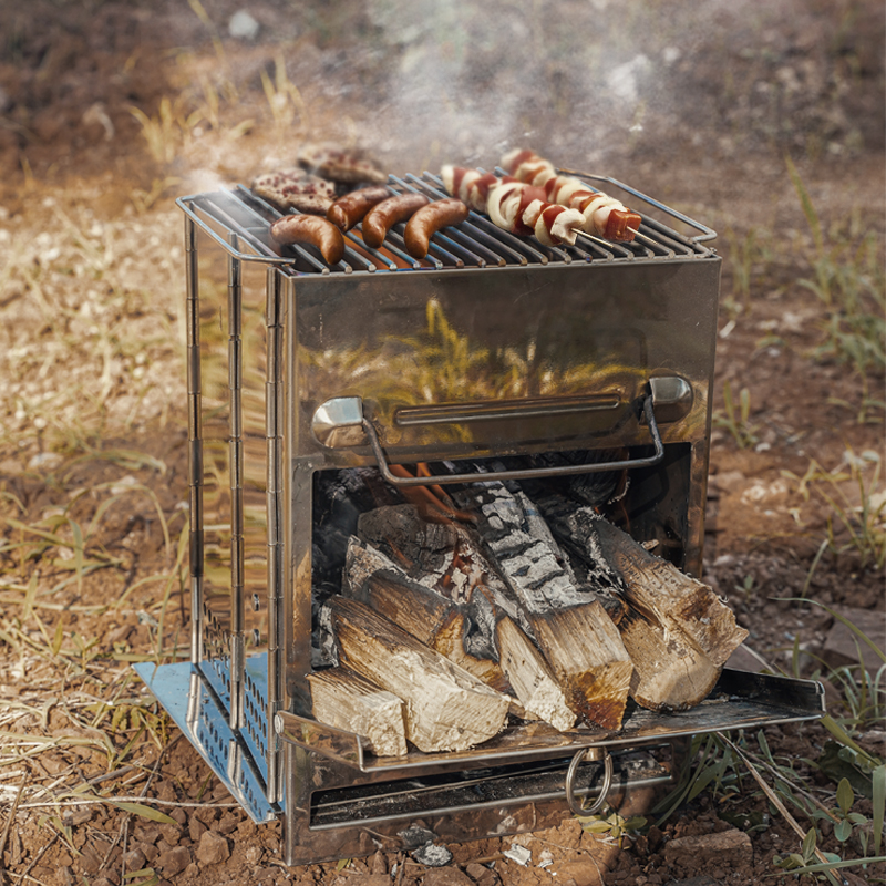 Outdoor stainless steel square firewood stove BBQ Barbecue Rack Picnic Stove Wild Mini Charcoal Stove Folding Barbecue Oven-Taobao