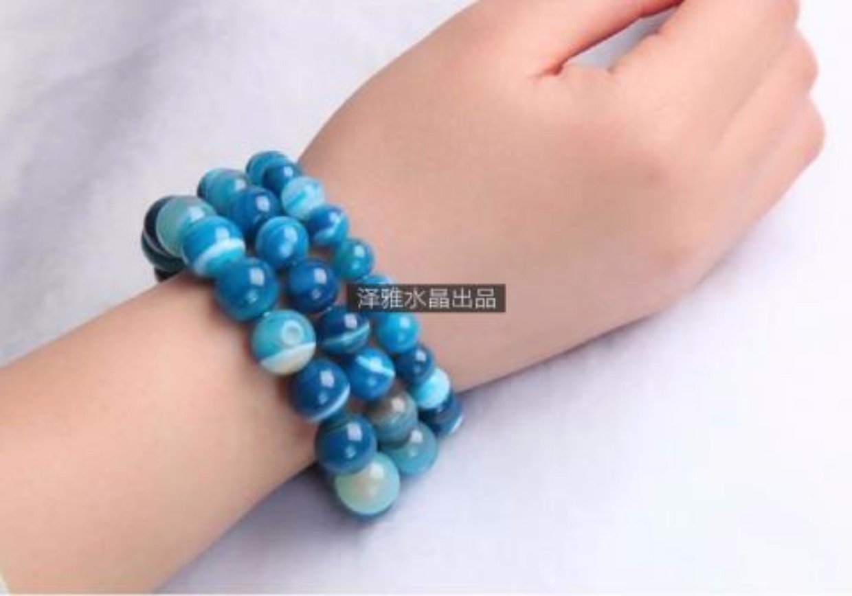Vòng tay mã não xanh tự nhiên màu xanh sọc hạt vòng tay pha lê màu xanh da trời vòng trang sức đá trang sức cho nam và nữ vòng gỗ trầm hương