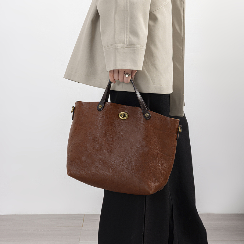 Vegetable-Tanned First-Layer Cowhide Autumn and Winter Large-Capacity Retro Lock Buckle Commuter Soft Leather Tote Bag Versatile Handbag Crossbody Bag for Women