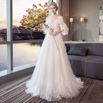 One-word shoulder main wedding dress 2021 new bride small tailing slim sling sling light female Small Man simple